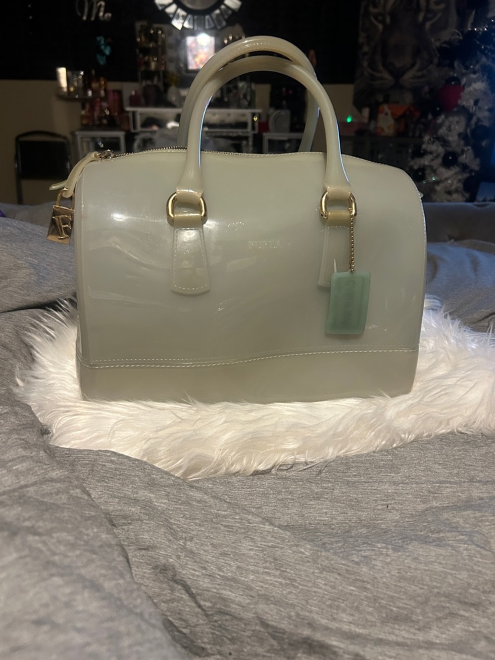 Vintage Furla Glossy Mint Green Dome Satchel with Gold Hardware